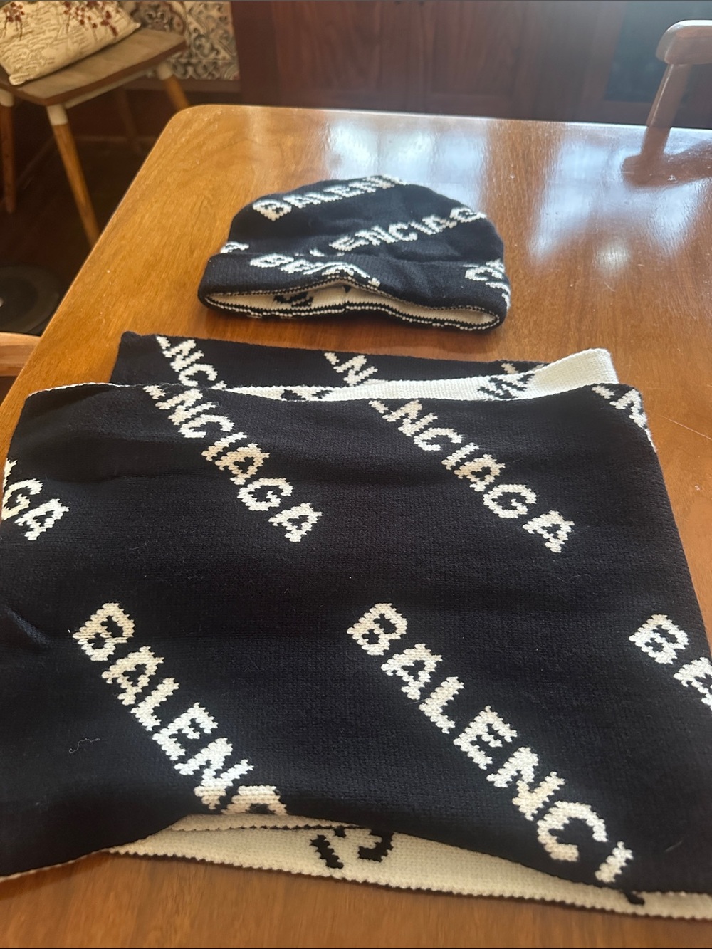 Balenciaga Black & White Logo Knit Beanie and Scarf Set